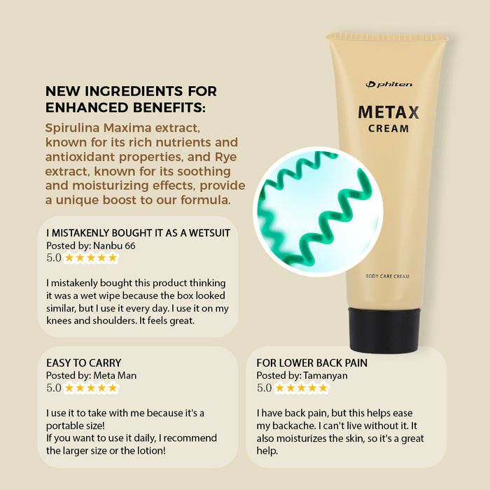 PhitenSG Metax Cream infused with Spirulina Maxima Extract and Pentadecyl® for skin rejuvenation and muscle care.