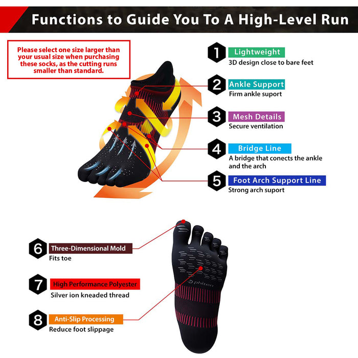 phiten metax socks king racer 5 toe function of lightweight, ankle support, foot arch support line 